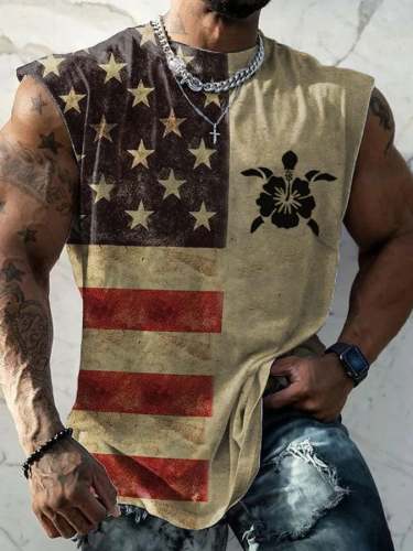 Men's American Flag Hawaiian Turtle Tie Dye Print Tank Top