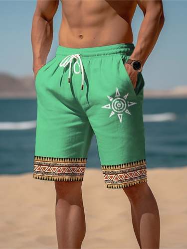 Men's Fashion Printed Resort Casual Lace-Up Elastic Waist Shorts