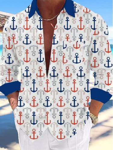 Men's Casual Nautical Lighthouse Print Lapel Shirt