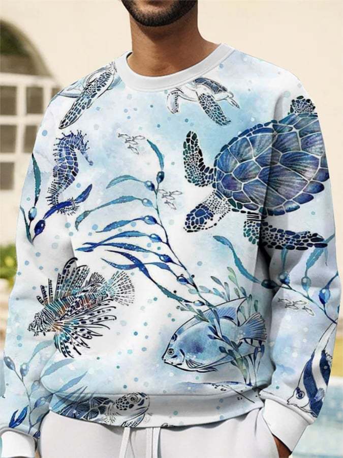 Men's Crew Neck Sweatshirt with Hawaiian Turtle Print
