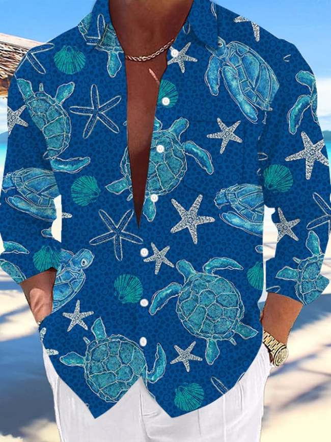 Men's Hawaii Turtles Print Fashion Vacation And Casual Shirt (With Pockets)