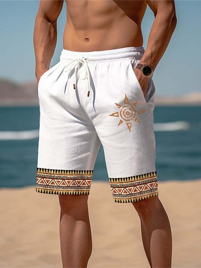 Men's Fashion Printed Resort Casual Lace-Up Elastic Waist Shorts