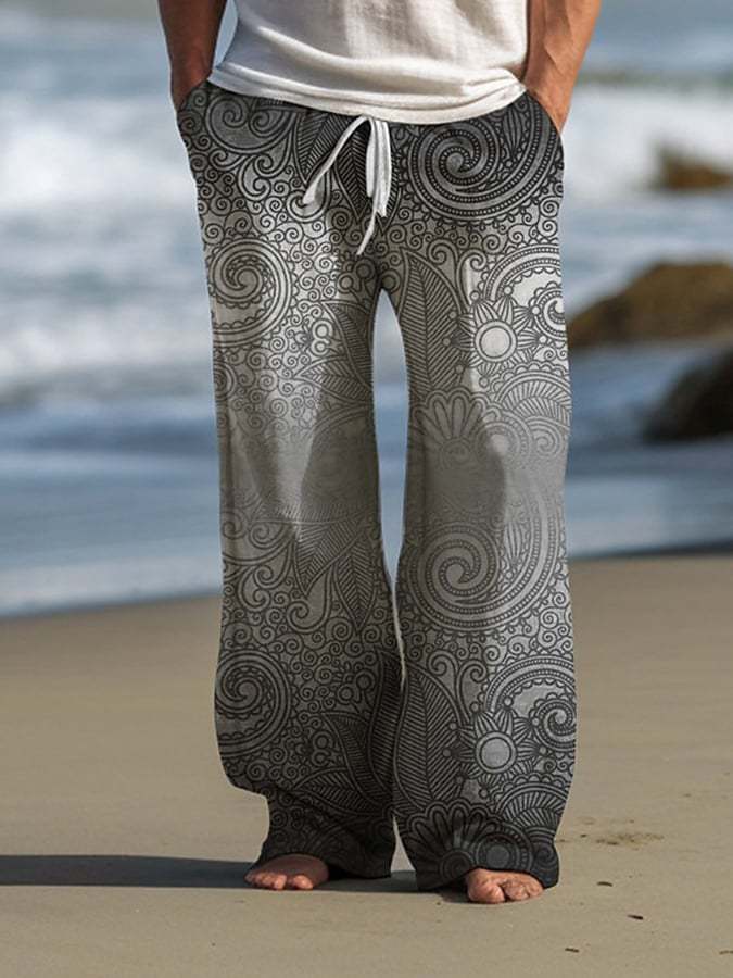 Men's Retro Gradient Print Lace-Up Loose Casual Pants
