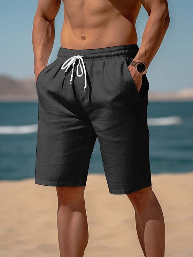 Men's Solid Color Resort Casual Lace-Up Elastic Waist Shorts