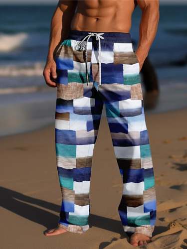 Men's Retro Contrast Plaid Print Lace-Up Loose Casual Pants