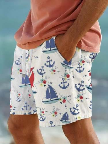 Men's Nautical Print Lace Up Elastic Waist Shorts