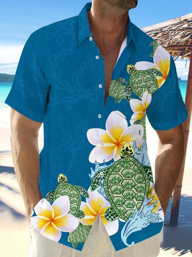 Men's Hawaiian Turtle Print Fashionable Resort Casual Shirt (With Pockets)