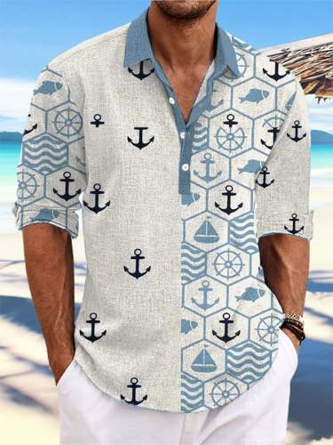 Men's Casual Nautical Print Stand Collar Shirt