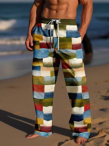 Men's Retro Contrast Plaid Print Lace-Up Loose Casual Pants