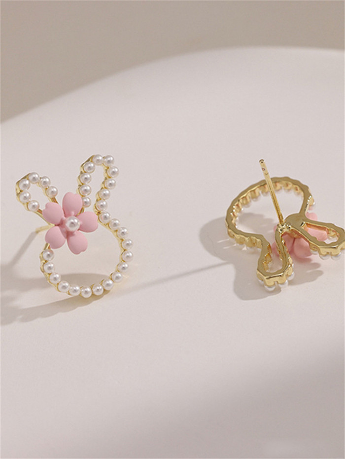 Bunny with Flower Pearls Studded Earrings