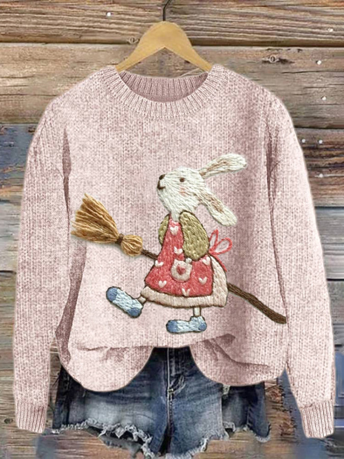Cute Bunny Embroidery Art Cozy knit Sweater