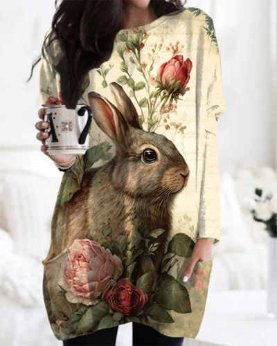Easter Retro Cute Bunny Floral Print Midi Top