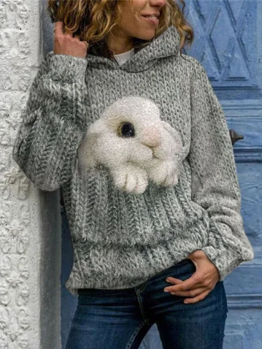 Women's Cute Rabbit Print Hooded Sweatshirt