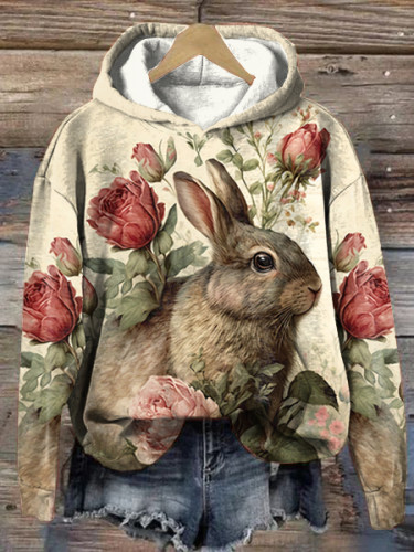 Easter Retro Cute Bunny Floral Print Hooded Sweatshirt