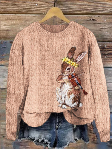 Violin Bunny Embroidery Cozy Knit Sweater