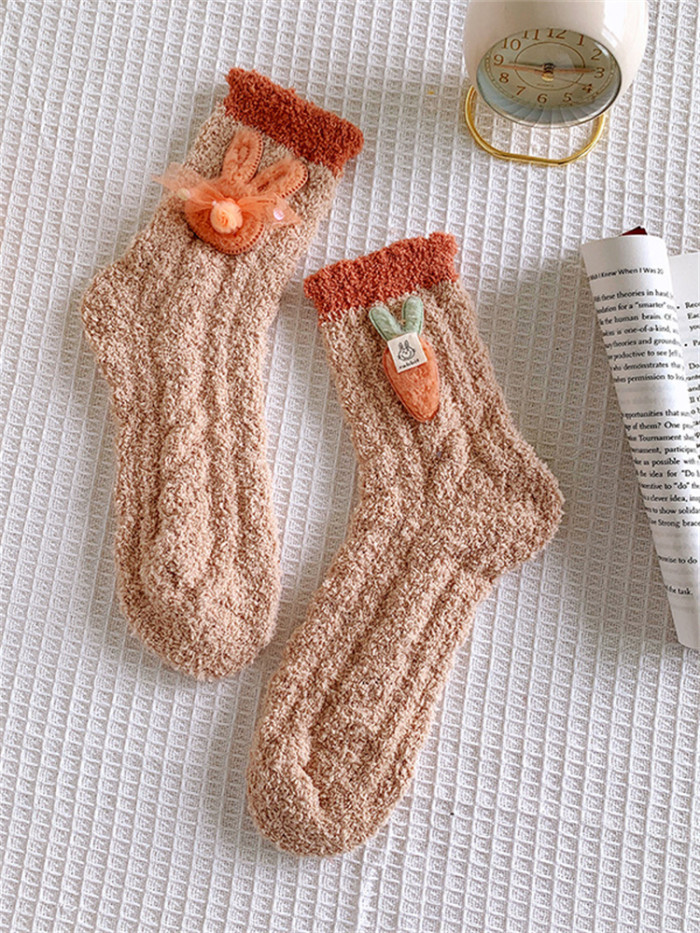 Lovely Bunny & Carrot Cable Knit Cozy Fleece Socks