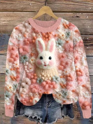 Cute Rabbit & Floral Embroidery Art Cozy Knit Sweater