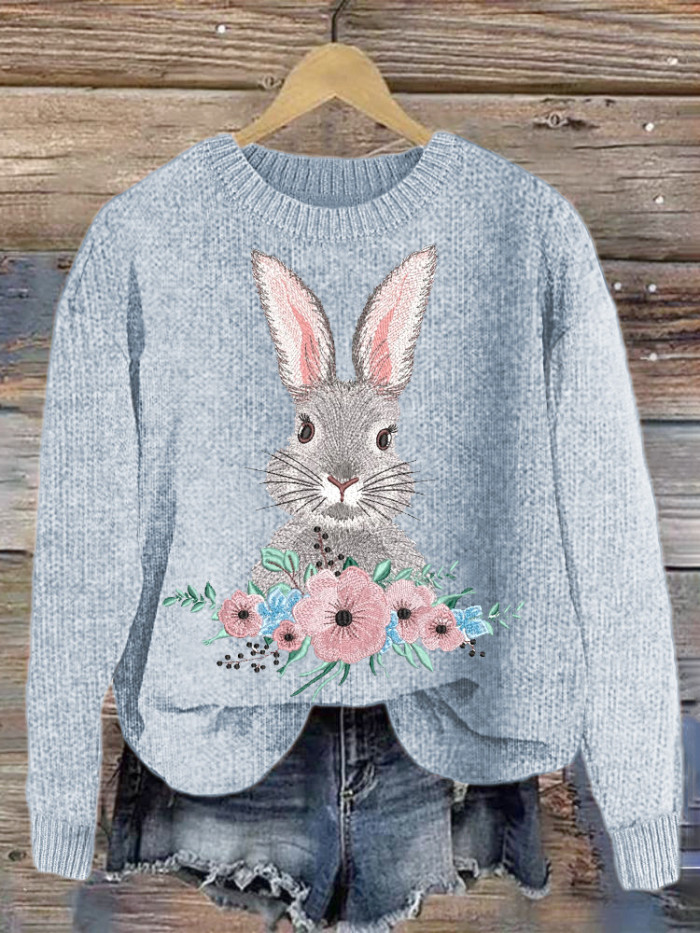 Bunny & Flower Embroidery Art Cozy knit Sweater