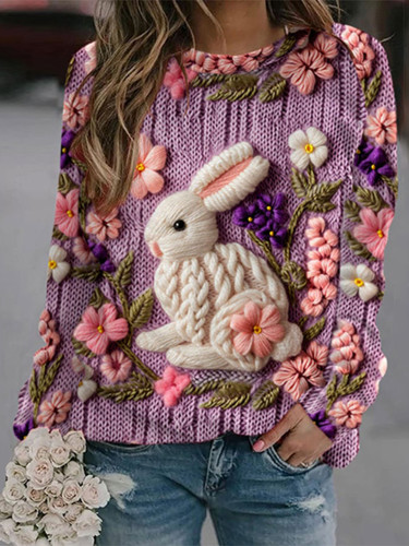 Flower Rabbit Print Round Neck Casual Sweatshirt