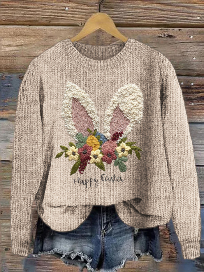 Happy Easter Bunny Floral Pattern Cozy Knit Sweater