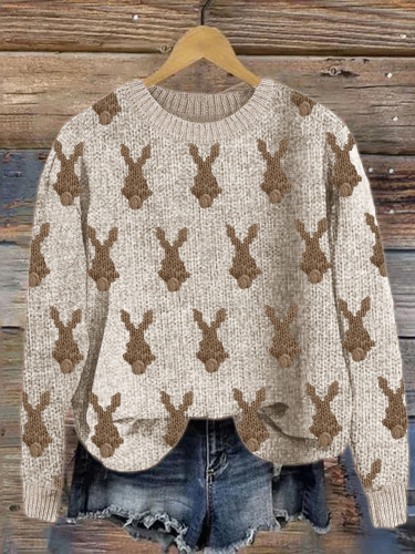 Bunny Back View Pattern Knit Art Cozy Sweater
