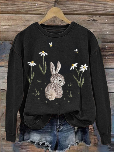 Bunny & Flower Embroidery Art Cozy Sweatshirt
