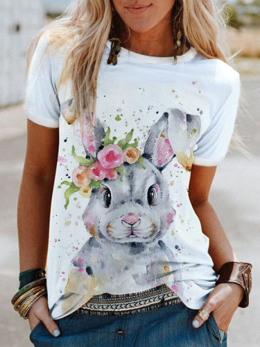 Cute Watercolor Rabbit Print Casual T-Shirt