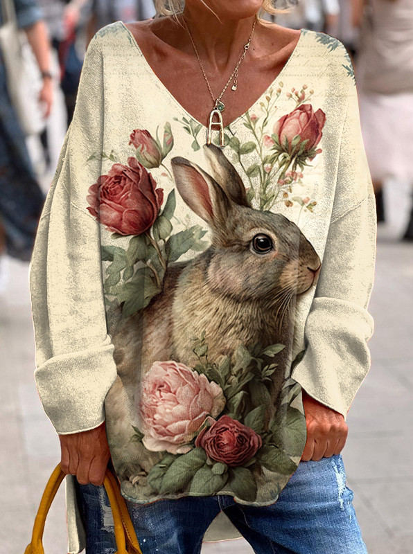 Retro Easter Cute Bunny Floral Print Long Sleeve Top