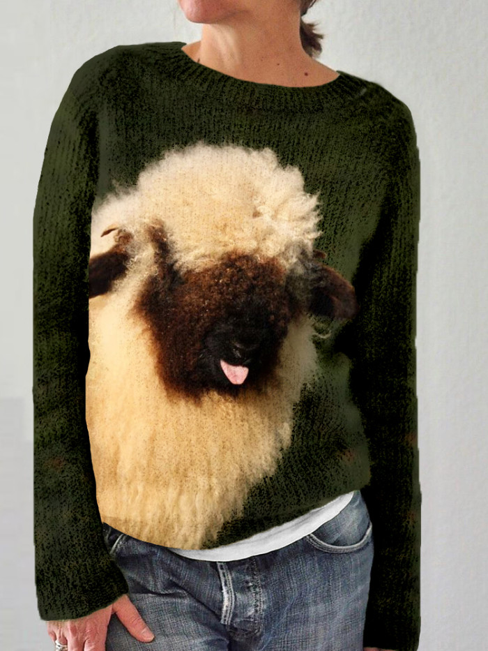 Cute Valais Blacknose Sheep Pattern Crew Neck Comfy Sweater