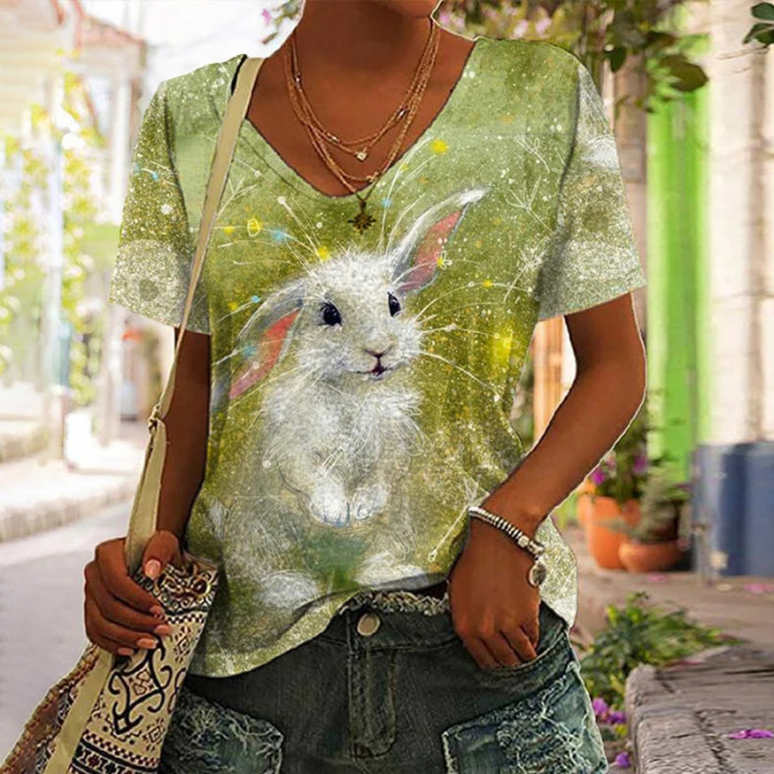 Easter Cute Bunny Print V Neck T-Shirt