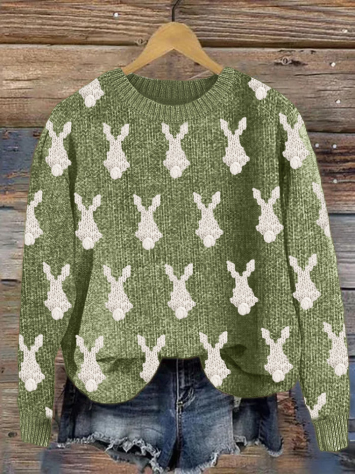 Bunny Back View Pattern Knit Art Cozy Sweater