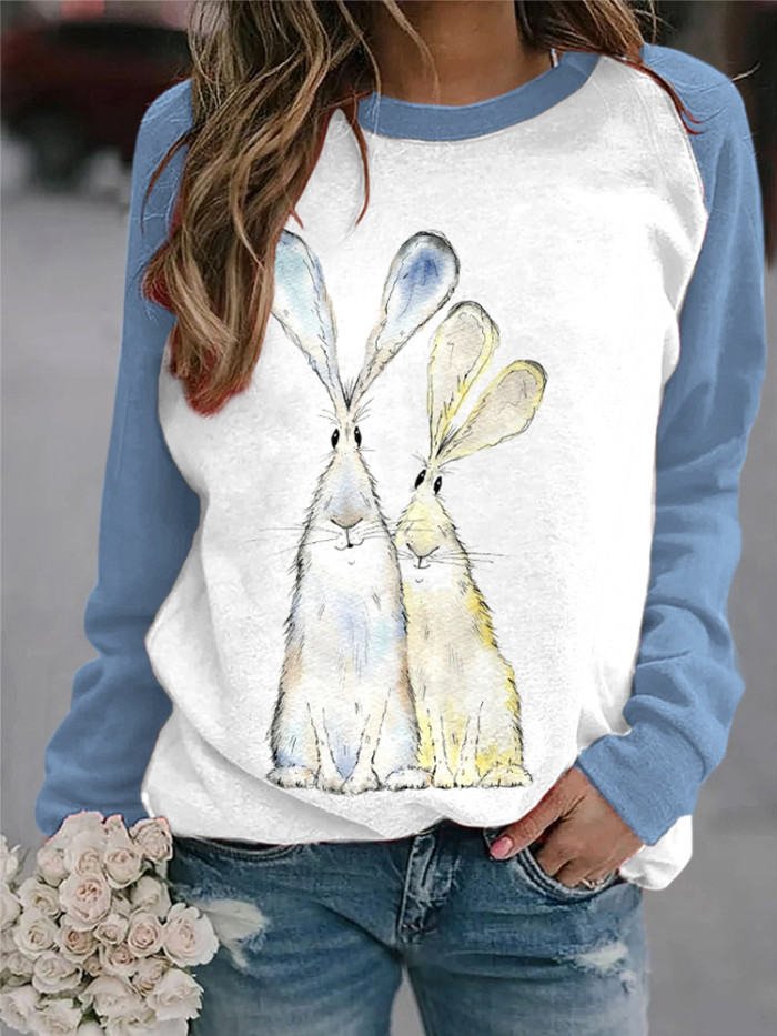 Watercolor Bunny Print Casual Cozy Sweater