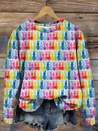 Rainbow Easter Bunnies Watercolor Art Comfy Sweatshirt