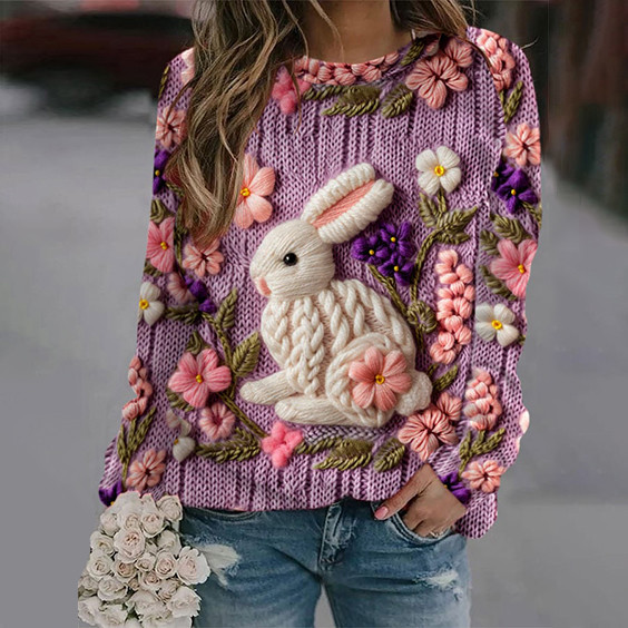 Flower Rabbit Print Round Neck Casual Sweatshirt