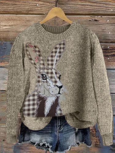 Bunny Check Textile Art Cozy Knit Sweater