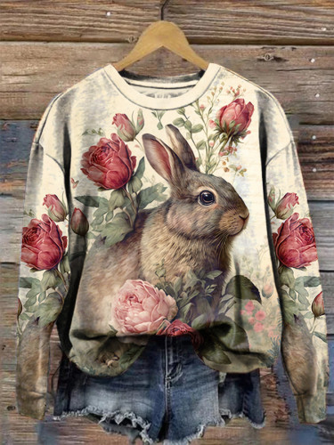 Easter Retro Cute Bunny Floral Print Crew Neck Sweatshirt