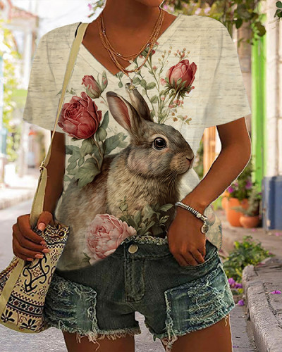 Easter Retro Cute Bunny Floral Print V-Neck T-Shirt