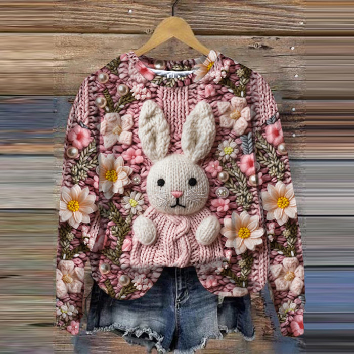 Flower Rabbit Print Casual Sweatshirt
