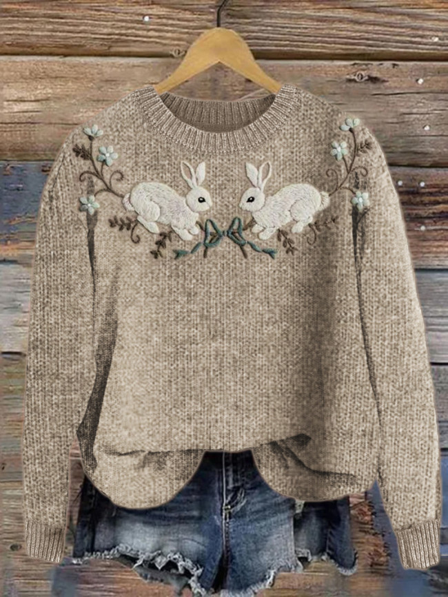 Cottage Bunny Floral Embroidery Cozy Knit Sweater