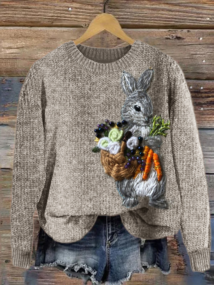 Bunny Harvest Beaded Embroidery Art Cozy Knit Sweater