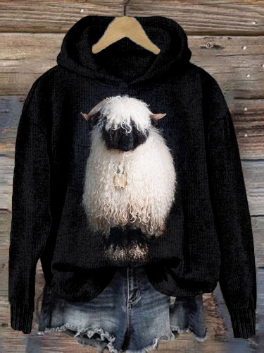 Cute Valais Blacknose Sheep Pattern Cozy Knit Hoodie