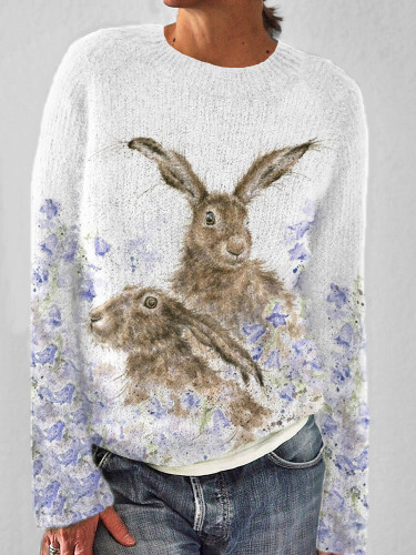 Flower & Bunny Watercolor Pattern Cozy Knit Sweater