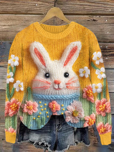 Cute Bunny & Floral Embroidery Art Cozy Knit Sweater