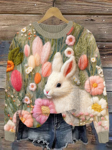 Cute Bunny & Floral Felt Art Cozy Knit Sweater