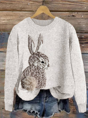 Embroidery Cute Rabbit Casual Cozy Knit Sweater