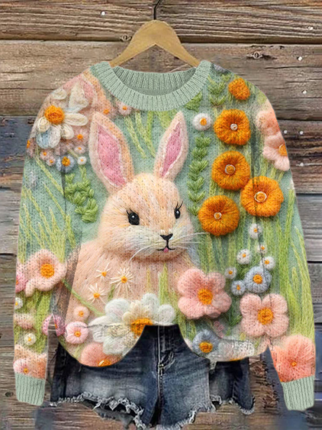 Cute Bunny & Floral Felt Art Cozy Knit Sweater