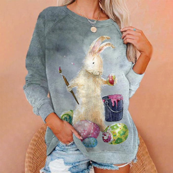 Easter Bunny Print Round Neck Long Sleeve Casual Sweatshirt