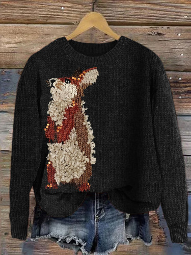 Fuzzy Bunny Sequin Knit Art Cozy Sweater