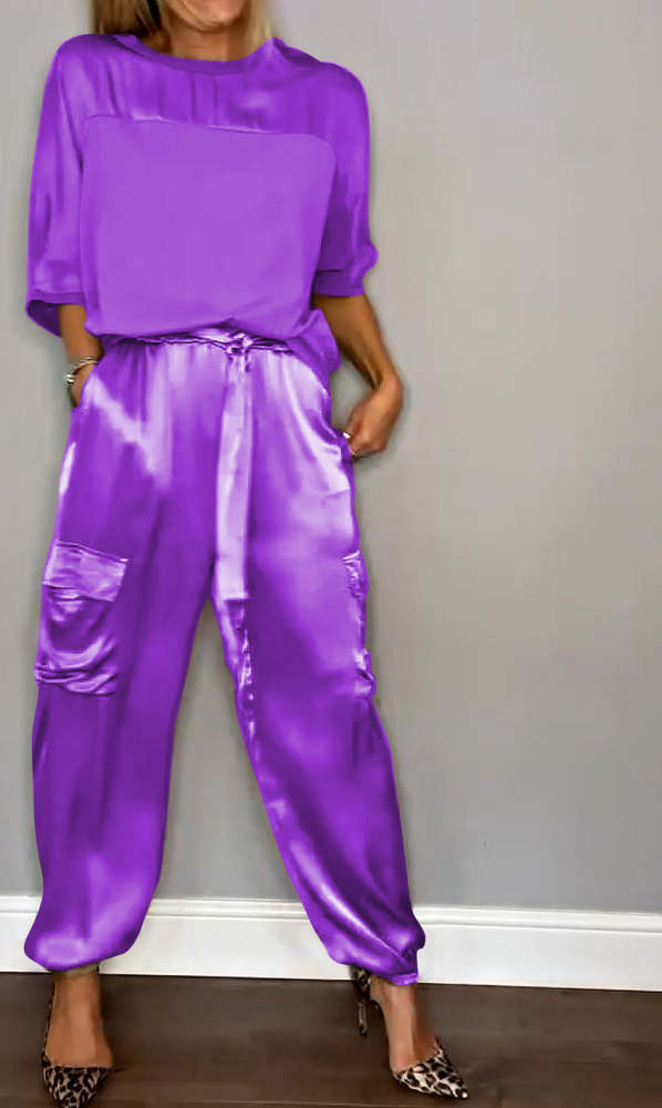 Women's Smooth Satin Half-sleeved Top and Pant Suit Two-piece