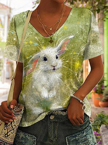 Easter Cute Bunny Print V Neck T-Shirt